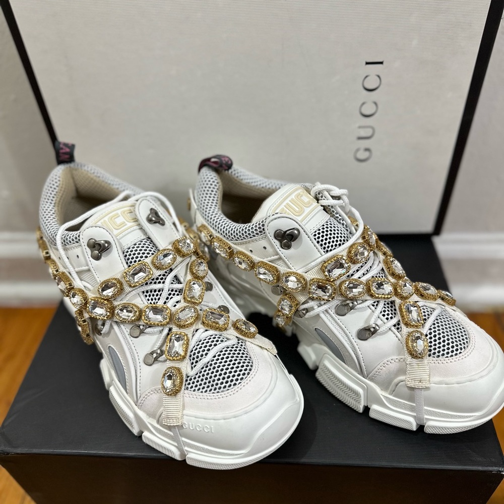 New Gucci Flashtrek White Sneakers With Removable Crystals